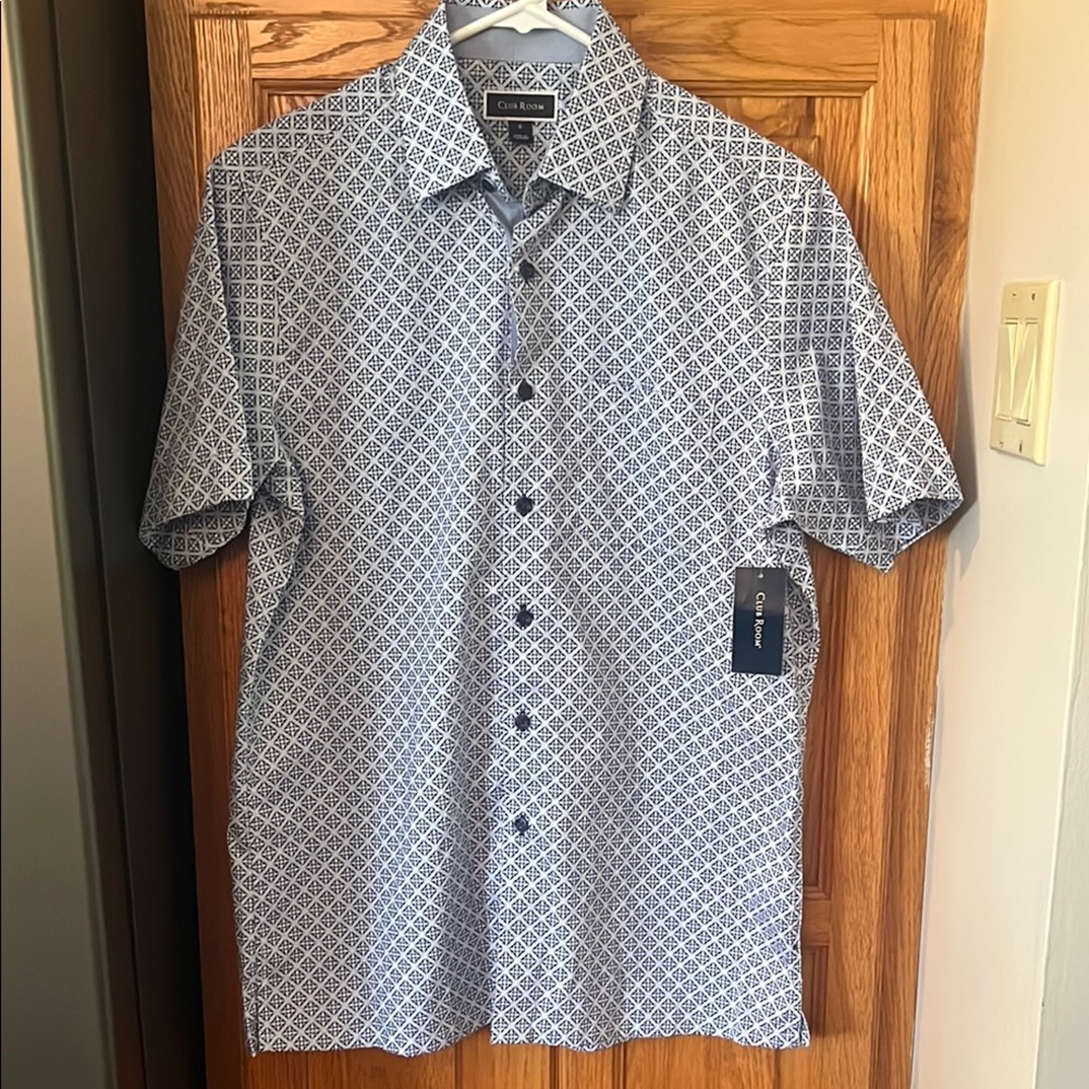 Club Room Blue Casual Button Down Shirt with Geometric Pattern